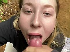 girlfriend takes a hot facial in the woods outdoors