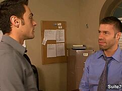 In the office, excited gay colleagues engage in passionate banging sessions at work, sucking and fucking with hardcore intensity.