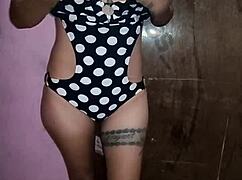 Latina Amateur Flashes Tits and Ass in Swimsuit