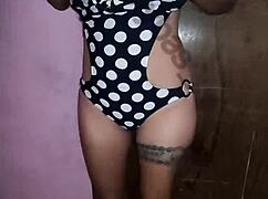 Latina Amateur Flashes Tits and Ass in Swimsuit