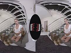 in a virtual taboo scene, a shaved brunette masturbates from pov