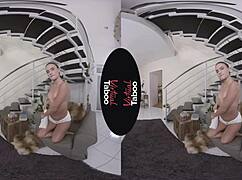 in a virtual taboo scene, a shaved brunette masturbates from pov