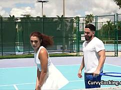 after practice, the curly ebony beauty gets a cock blowjob