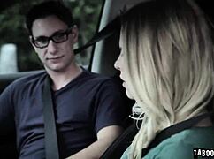 Aubrey sinclair performs a blowjob on the driver's thick cock outdoors