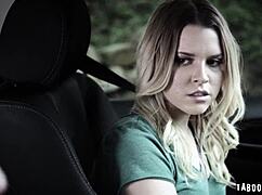 Aubrey sinclair performs a blowjob on the driver's thick cock outdoors
