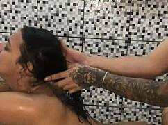 This tattooed latina gets hot anal fuck in bathroom 😏