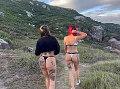 Blowjob on the beach with deepthroat and anal action