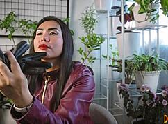 enjoying leather gloves in a relaxing asmr session