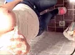 Girl reveals huge breasts in toilet for cumshot.