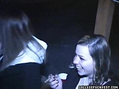 Petite brunette teen getting pussy fucked hard at university party