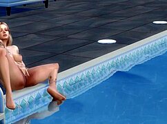 Blonde enjoys uncensored pool relaxation with cartoon vibes