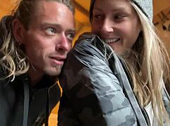 Milf Performs Blowjob and Femdom on Big Tits in Public Outdoor Cabin with Creampie