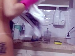 Latina Teen Washes Dishes and Prepares Dinner