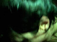 This sexy brunette gives a blowjob in the bathtub