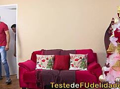 Rich blonde in lingerie exposes big tits and ass for christmas anal with brazilian partner