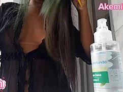 latina in lingerie does morning routine outdoors on webcam