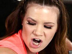 What special lesson does brunette teen get with doggystyle and toys?