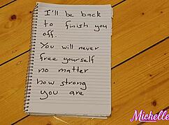 Muscle girl trying to escape bondage in gym workout