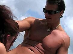 Everybody left the public pool allowing this brunette couple a private nude moment outdoors