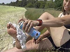 Foam feet foot fetish with barefoot action