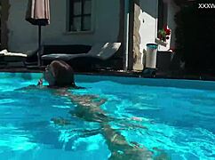 Sexy Brunette MILF Angelica Strips Naked By The Pool With Big Tits