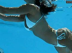 Sexy Brunette MILF Angelica Strips Naked By The Pool With Big Tits