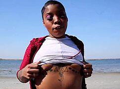 Pretty Ebony Sucks White Boy's Cock on Sunny Beach Today.