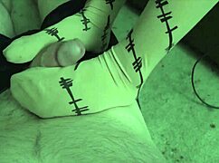 Asian Pantyhose Footjob Builds Pre-Cum with Big Cock