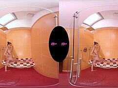 Petite blonde teen Lexi Layo engages in shocking shower sex with blowjob and POV in VR reality