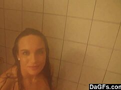 amateur brunette's post-shower blowjob and masturbation delight
