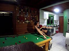 Milf lady enjoys sex with sulista on pool table at beach house