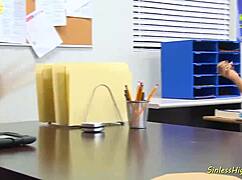 The slutty brunette babe seduces her teacher with her shaved pussy and hairless body