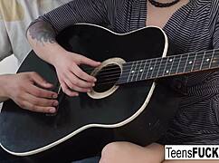 Cute brunette teen receives creampie during guitar lesson, feeling subtle pleasure