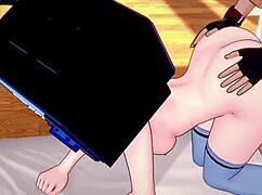 TV woman enjoys hot exercises in sportswear, feeling intense pleasure