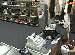 Latina stewardess gives blowjob and gets nailed on hidden cam by pawn shop guy