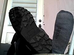 bear black master shows his big feet after work, needs a slave 😏