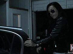 Kelsi Monroe undresses in the limo, fingering her horny goddess body