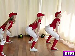 Gals intensely suck coach's huge prick, slobbering all over it.