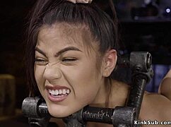 Babe's hot ass spanked in device bondage, feeling the sting