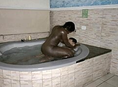 latina guy gets blowbang in bathtub