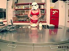 stormtrooper milf squirts wildly while trying to cook in kitchen lingerie