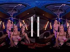 european girls in halloween costumes gather