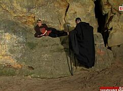 young blonde gets assfucked outdoors in costume