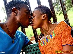 Gorgeous amateur ebony babe with natural tits masturbates outdoors. She gives deepthroat blowjob to black friend in USA