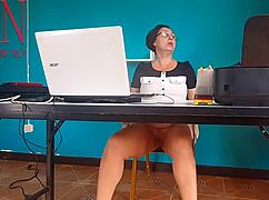 Secretary nude on security camera in office