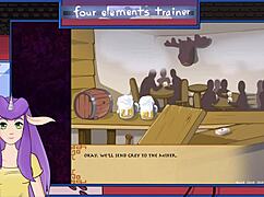 Muscular Bodybuilder Brunette With Big Tits Gives A Blowjob To The Avatar Trainer In This Anime Scene.