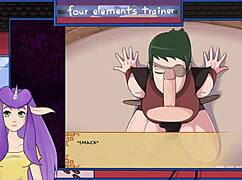 Muscular Bodybuilder Brunette With Big Tits Gives A Blowjob To The Avatar Trainer In This Anime Scene.