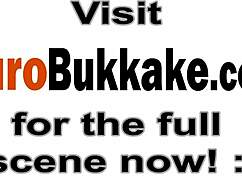 Euro chick masturbates as group surrounds her for bukkake.