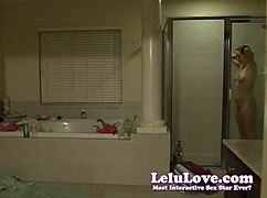 Voyeur spying zooms in on amateur brunette washing hair in steamy shower scene