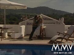 Short haired woman receives facial outdoors in retro style